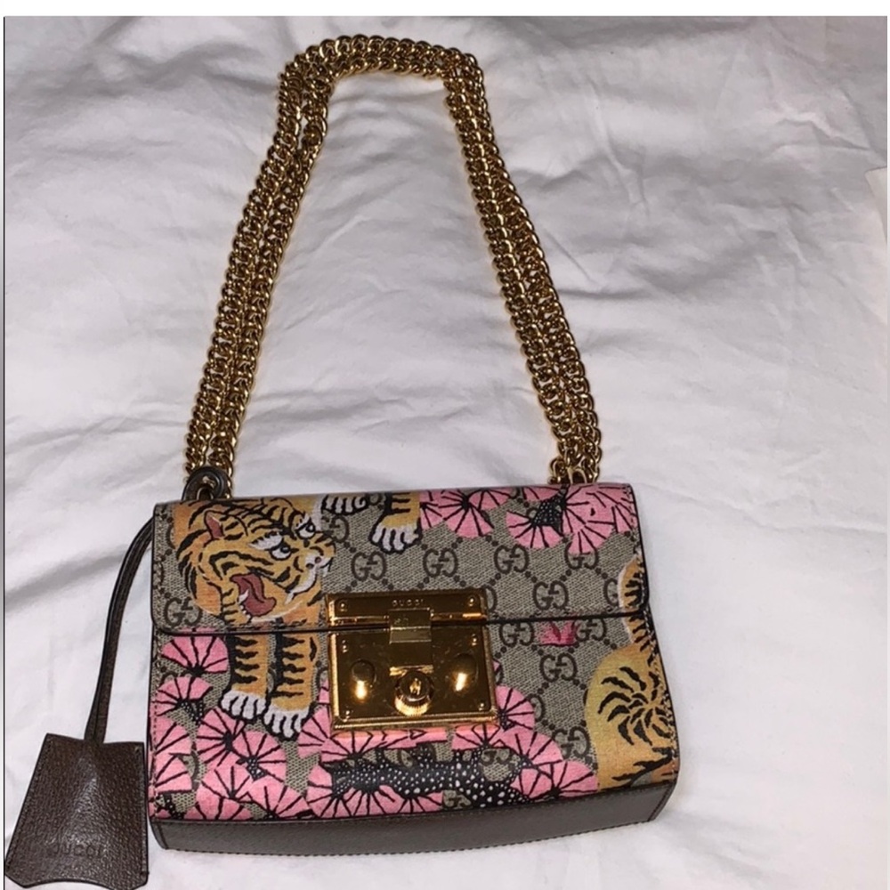 Gucci Floral Tiger Crossbody Bag with Gold Chain